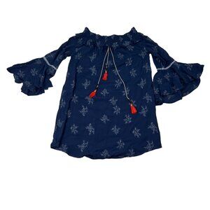 Miss Me Women's Blue 100% Viscose Boat Neck Long Slevees Blouse Top Size Large